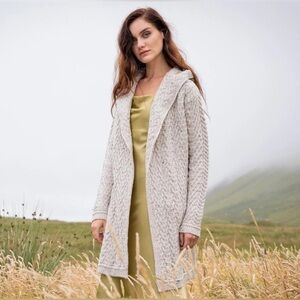 ARAN MOR Ireland Merino Wool Open Knit Long Cardigan Sweater With Hood Oatmeal S